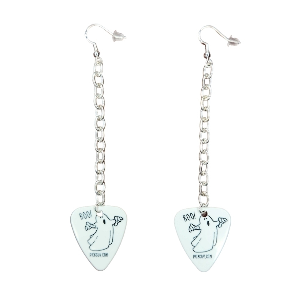 Boo Ghost on Chain Guitar Pick Earrings White Black Sterling Silver